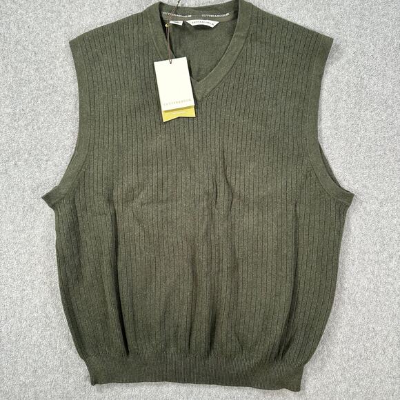 Cutter & Buck Ribbed Knit Sweater Vest Mens Large Green V-Neck New Golf Pullover - Picture 1 of 7